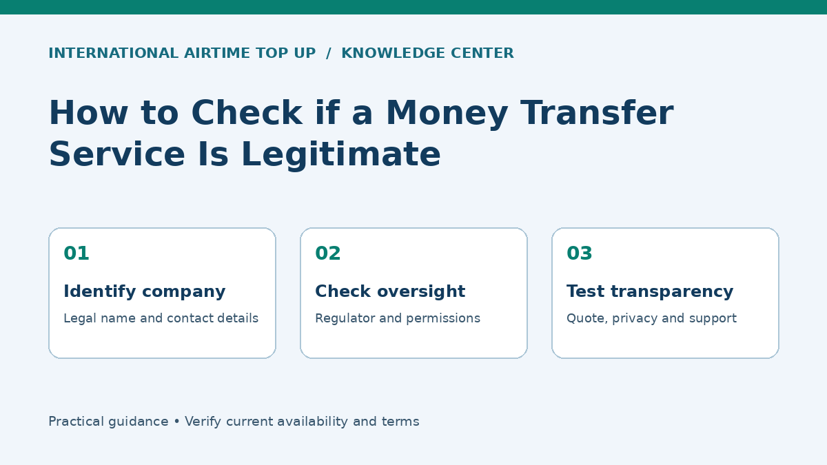 How to Check if a Money Transfer Service Is Legitimate - Identify company, Check oversight, Test transparency