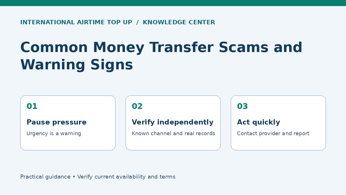 Common Money Transfer Scams and Warning Signs - Pause pressure, Verify independently, Act quickly