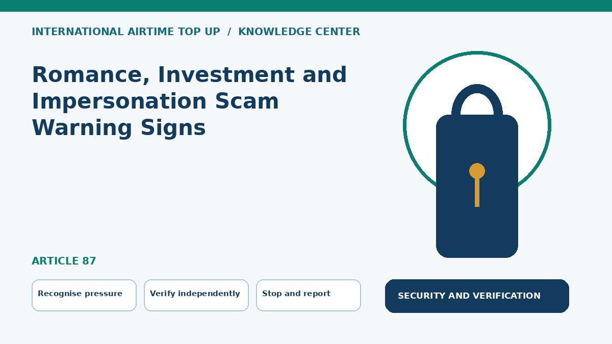 Romance, Investment and Impersonation Scam Warning Signs — Recognise pressure, Verify independently, Stop and report