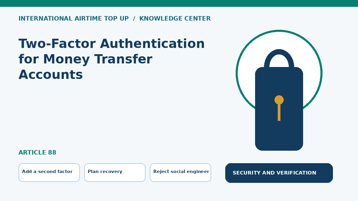 Two-Factor Authentication for Money Transfer Accounts — Add a second factor, Plan recovery, Reject social engineering