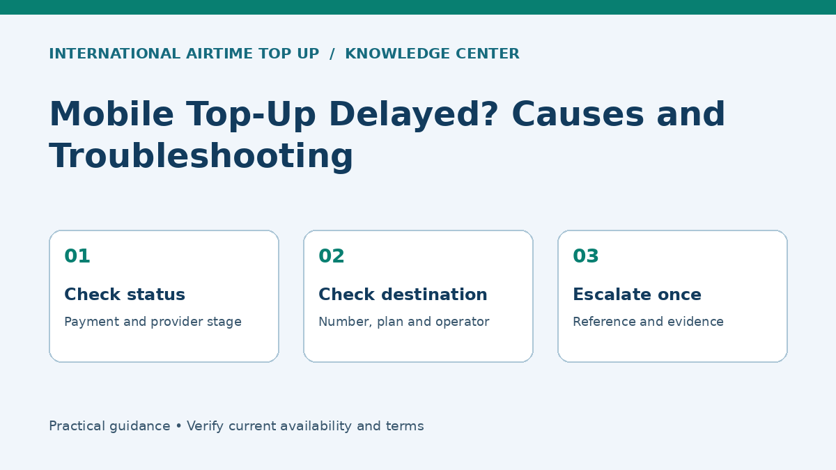 Mobile Top-Up Delayed? Causes and Troubleshooting - Check status, Check destination, Escalate once
