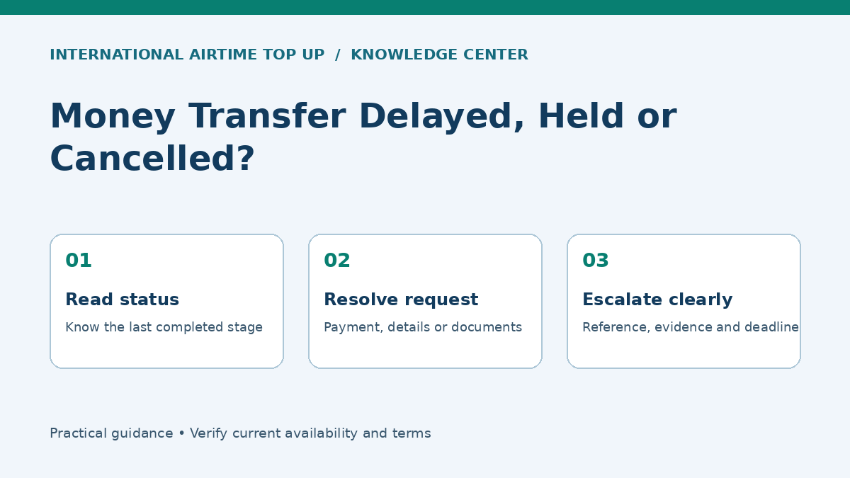 Money Transfer Delayed, Held or Cancelled? - Read status, Resolve request, Escalate clearly